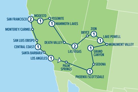 Karta för resan landskap i västra usa